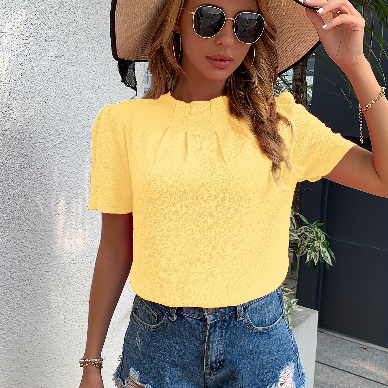 Antmvs Ruched Keyhole Blouse, Elegant High Neck Keyhole Short Sleeve Blouse, Women's Clothing