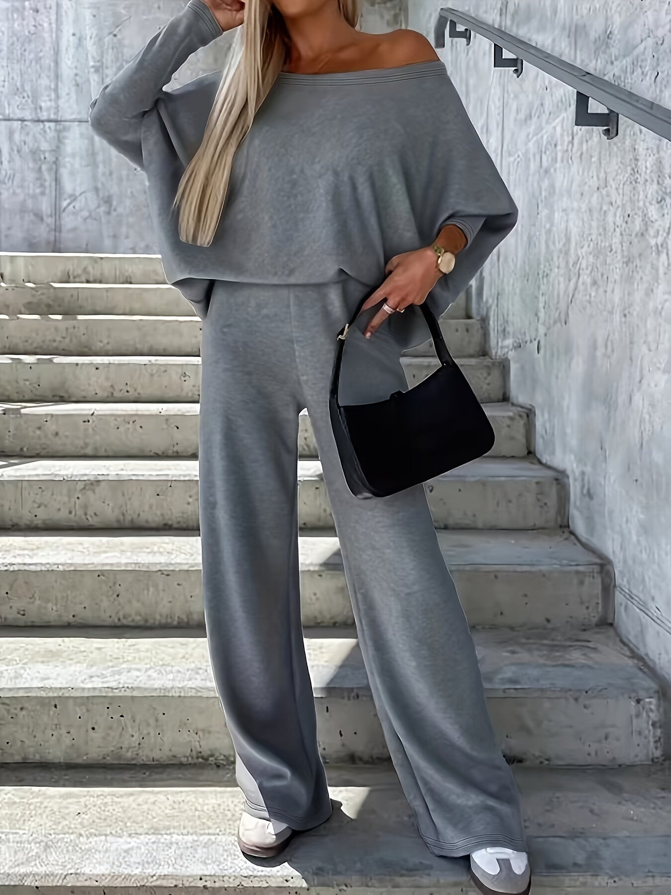 Antmvs Casual Solid Two-piece Set, One-shoulder Loose Top & Wide Leg Pants Outfits, Women's Clothing