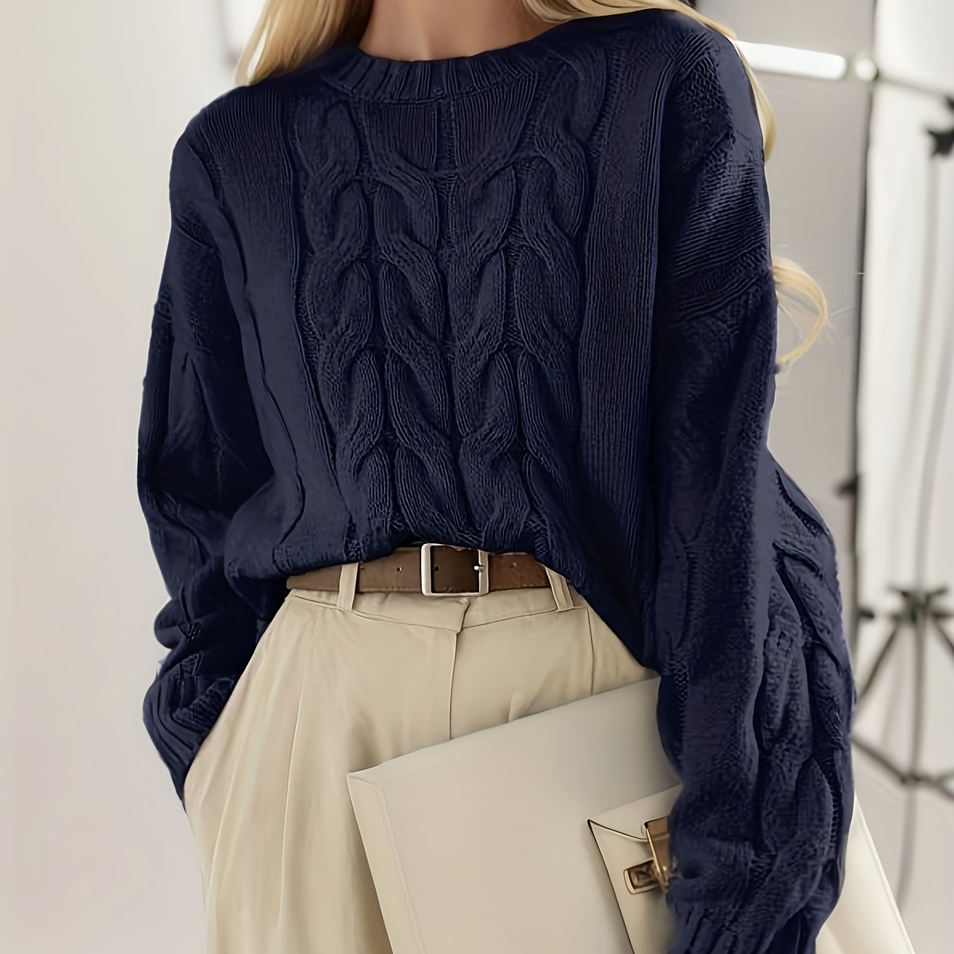 Antmvs Textured Crew Neck Sweater, Versatile Long Sleeve Sweater For Fall & Winter, Women's Clothing