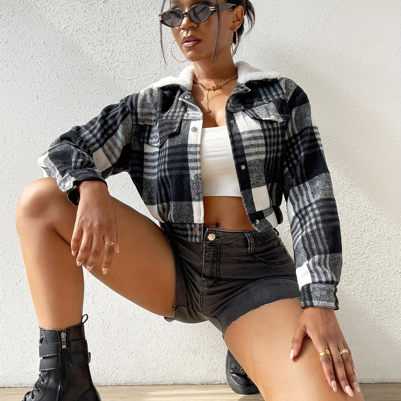 Antmvs Button Plaid Faux Fur Collar Jacket, Casual Long Sleeve Crop Jacket For Fall & Winter, Women's Clothing
