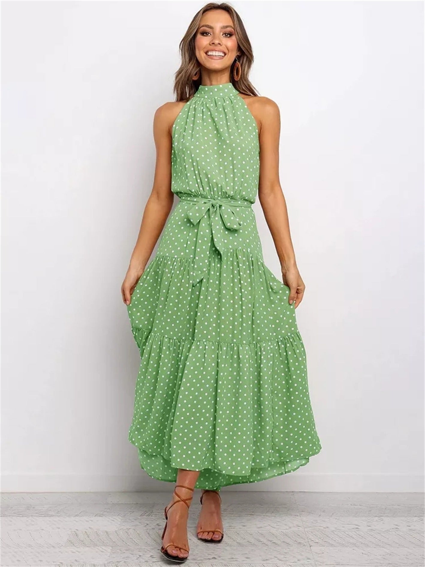 Antmvs Women's Dreses Halter Strapless Neck Floral Print Summer Vacation Dresses