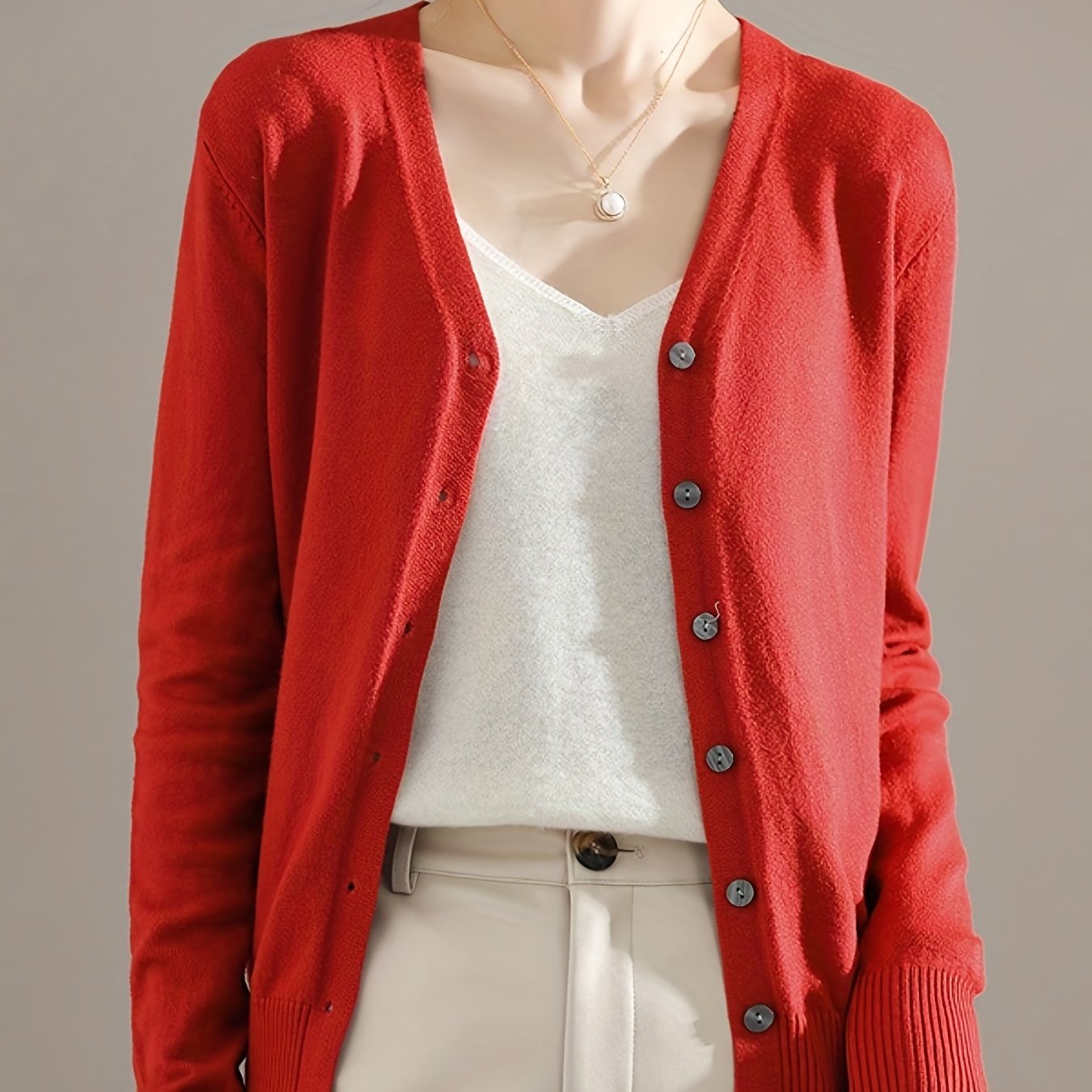 Antmvs Elegant V-neck Solid Cardigan, Long Sleeve Cardigan For Spring & Fall, Women's Clothing