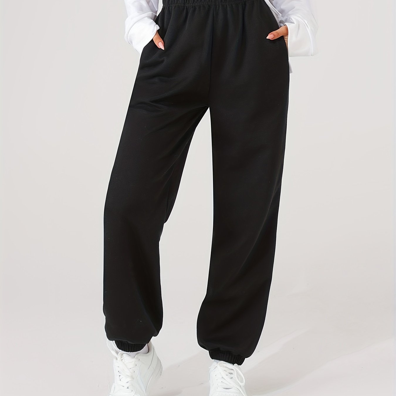 Antmvs Women's Elastic Solid Color High Waist Sweatpants Autumn And Winter, Comfortable Loose Workout Pocket Jogger Pants, Women's Activewear