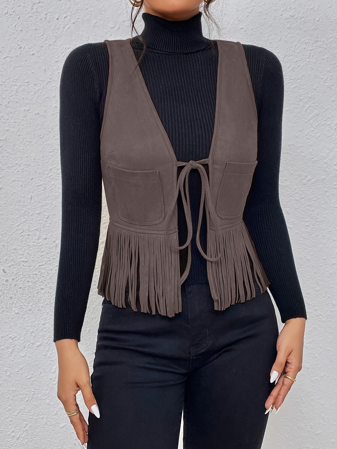 Antmvs Tassel Tie Front Solid Vest, Elegant Sleeveless Stylish Vest, Women's Clothing