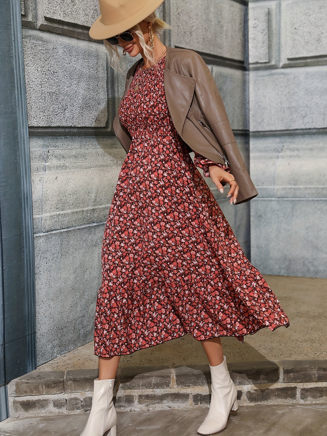 Antmvs Ditsy Floral Print Dress, Elegant Shirred Long Sleeve Midi Dress, Women's Clothing
