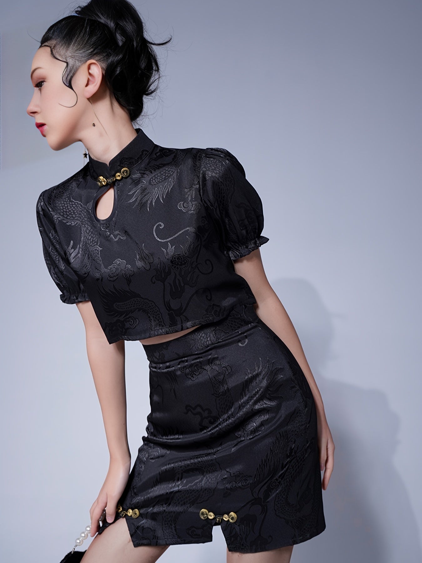 Antmvs Chinese Dragon Jacquard Cheongsam Suit, Short Sleeve Crop Top & High Waist Skirt, Women's Clothing