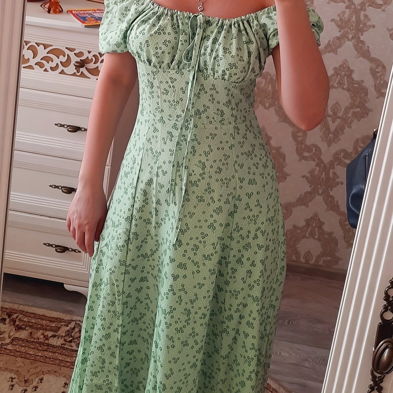 Antmvs Floral Print Sweetheart Neck Dress, Elegant Split Backless Short Sleeve Dress For Spring & Summer, Women's Clothing