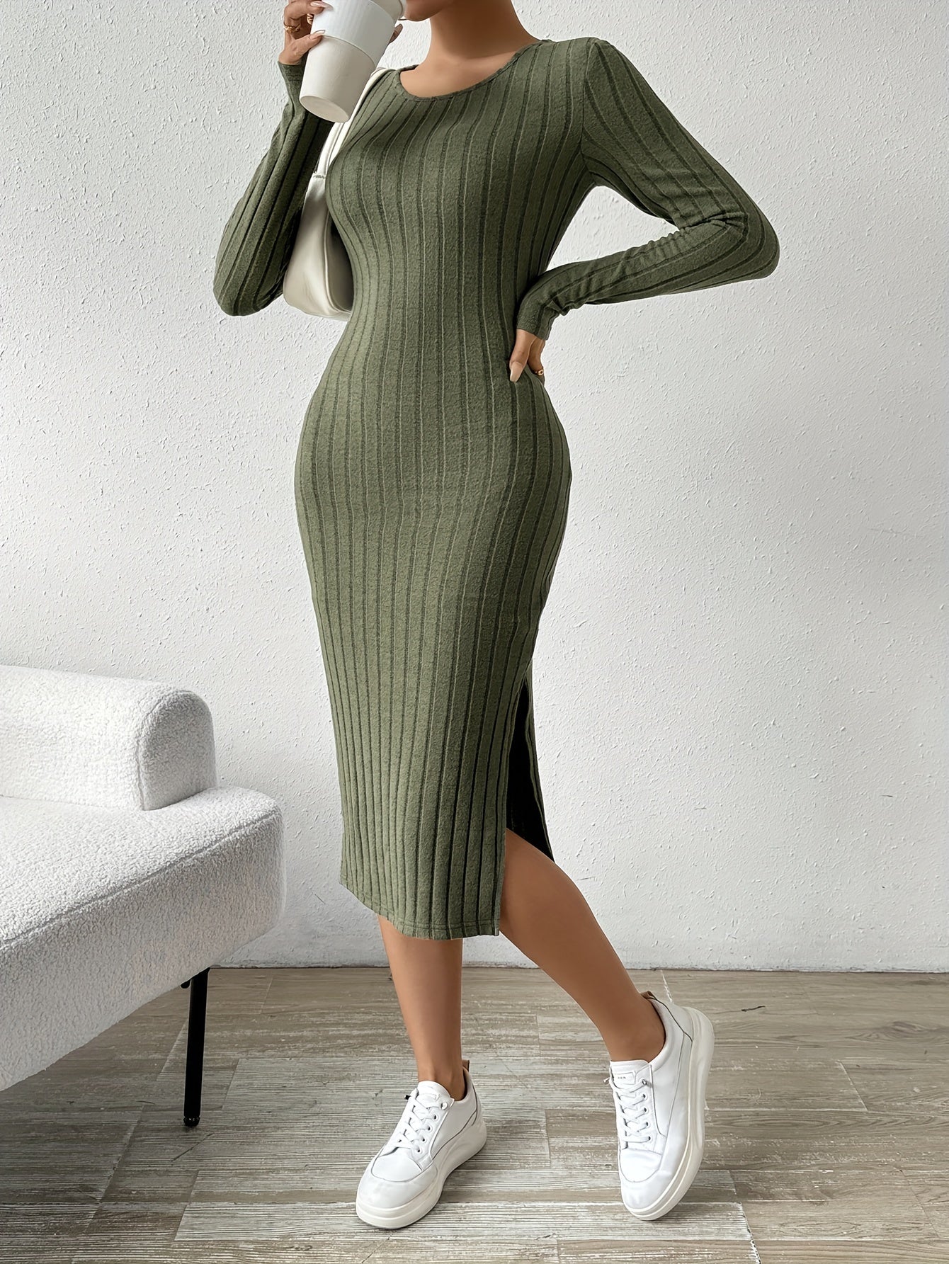Antmvs Ribbed Solid Split Dress, Casual Crew Neck Long Sleeve Dress, Women's Clothing