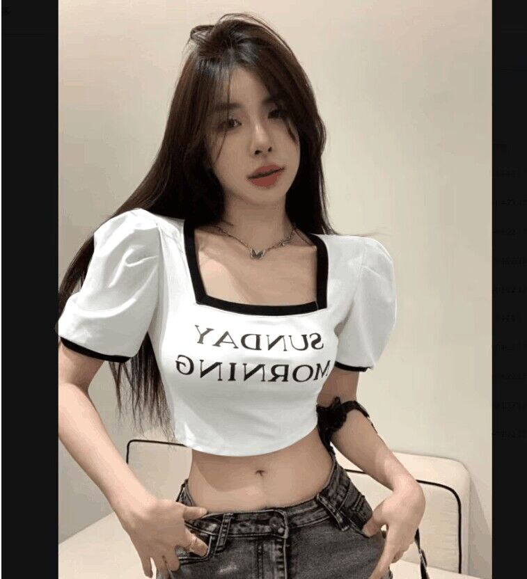 Antmvs SUNDAY MORNING Letter Print Square Neck Short Puffed Sleeve Slim Cropped Top