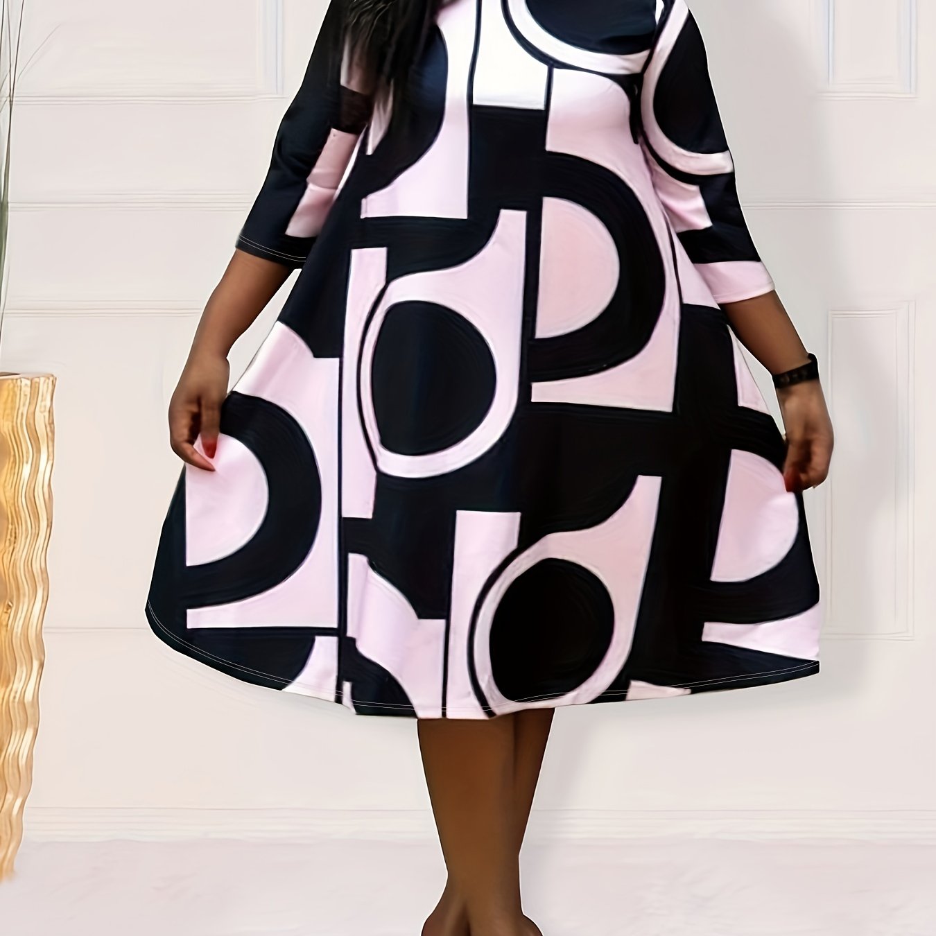 Antmvs Plus Size Elegant Dress, Women's Plus Geometric Print Half Sleeve Round Neck Loose Fit Dress