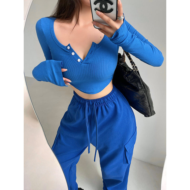 Antmvs Olivia Solid Color Button Up Long Sleeve Ribbed Slim Cropped Top