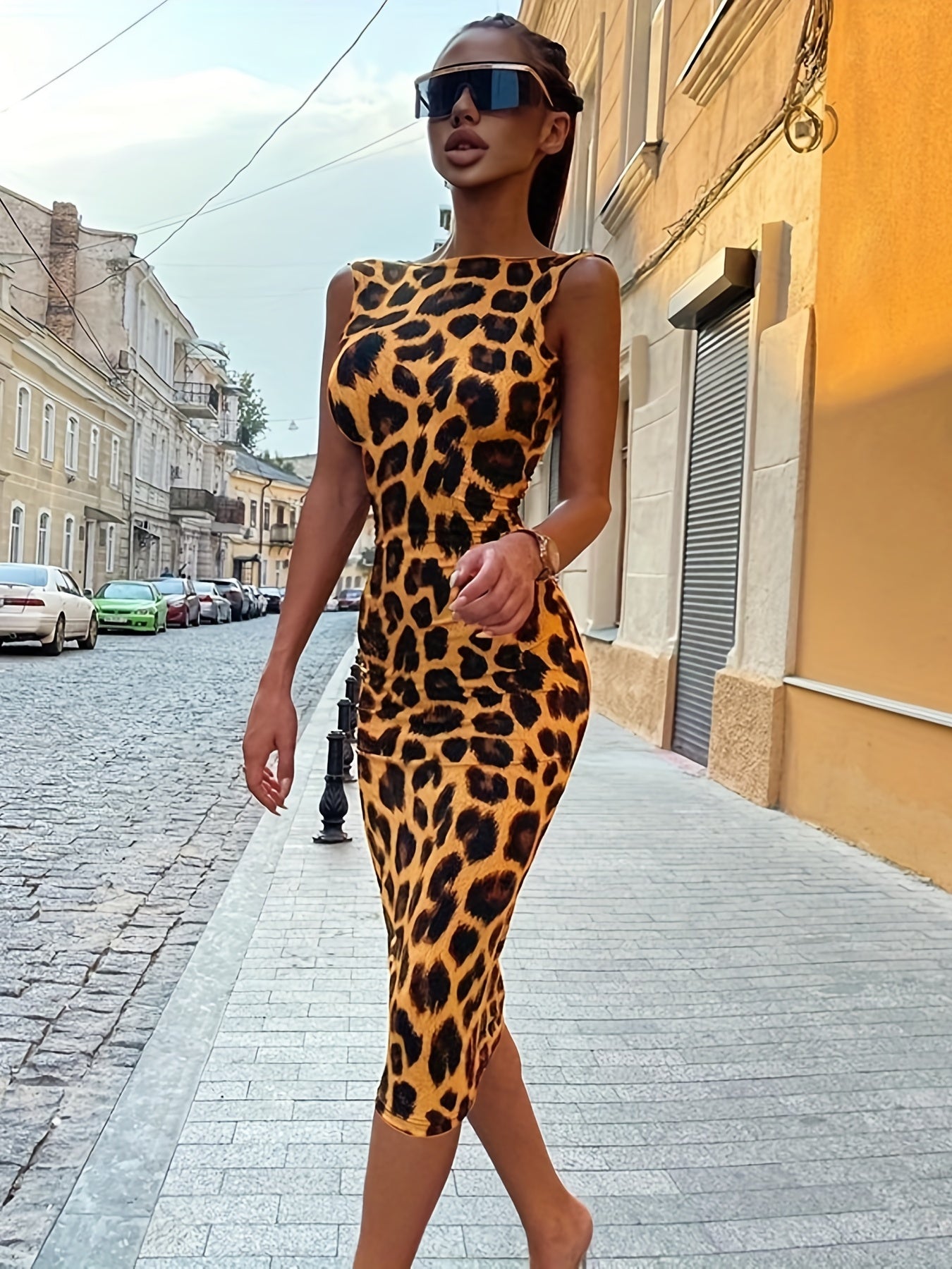 Antmvs Leopard Backless Sleeve Crew Neck Teddy Bodycon Gothic Raglan Style Skinny Dress