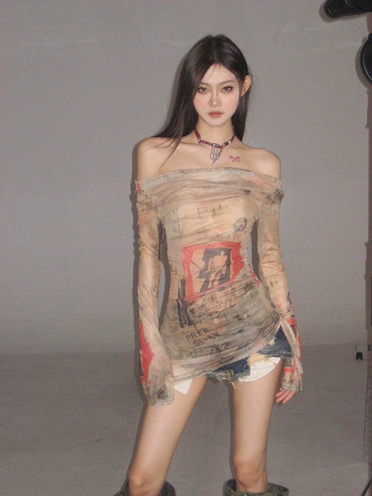 Antmvs Kesha Graphic Image Print Vintage One Line Off-the-Shoulder Mesh Sheer Long Sleeve Top