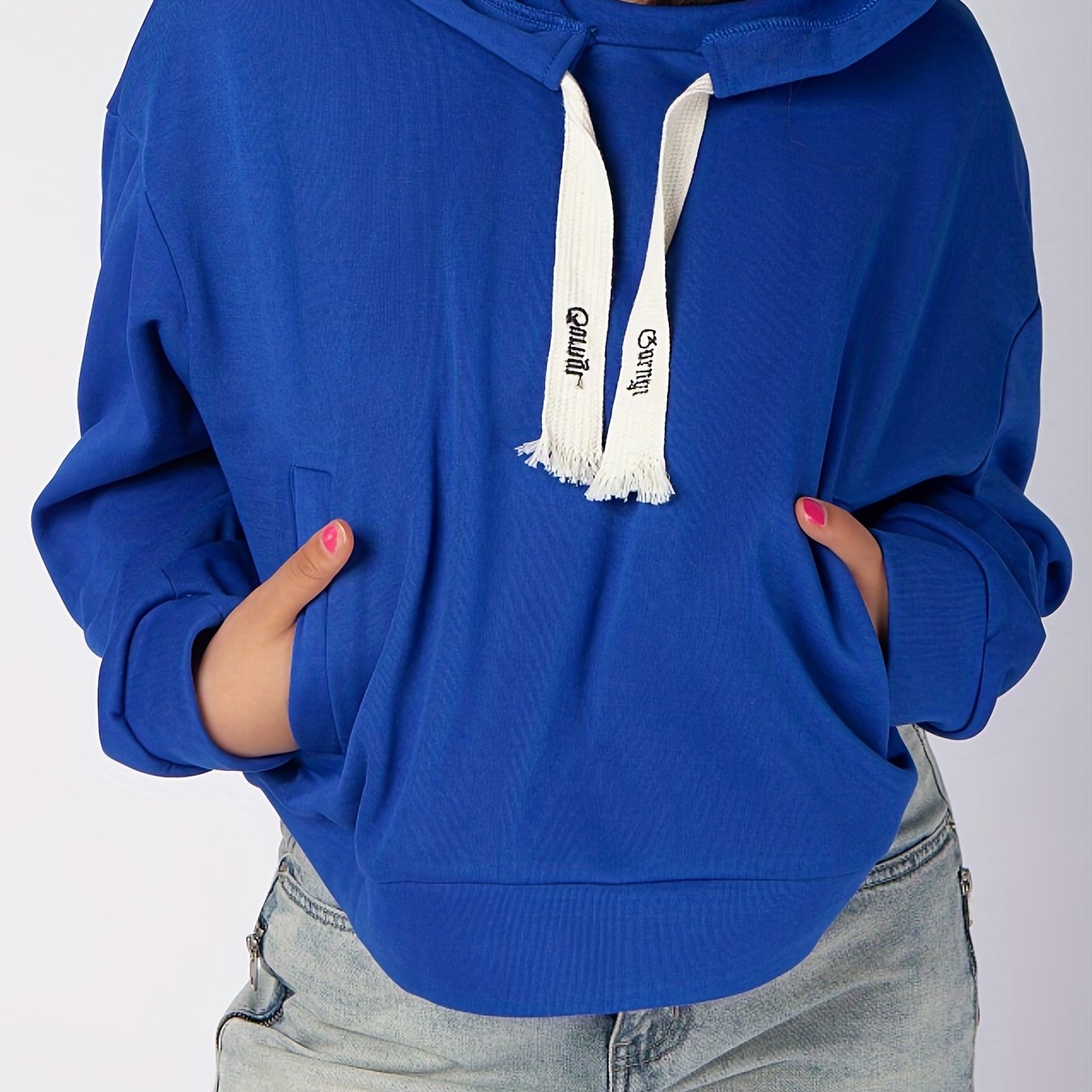 Antmvs Plus Size Casual Sweatshirt, Women's Plus Solid Long Sleeve Slight Stretch Drawstring Hoodie With Pockets