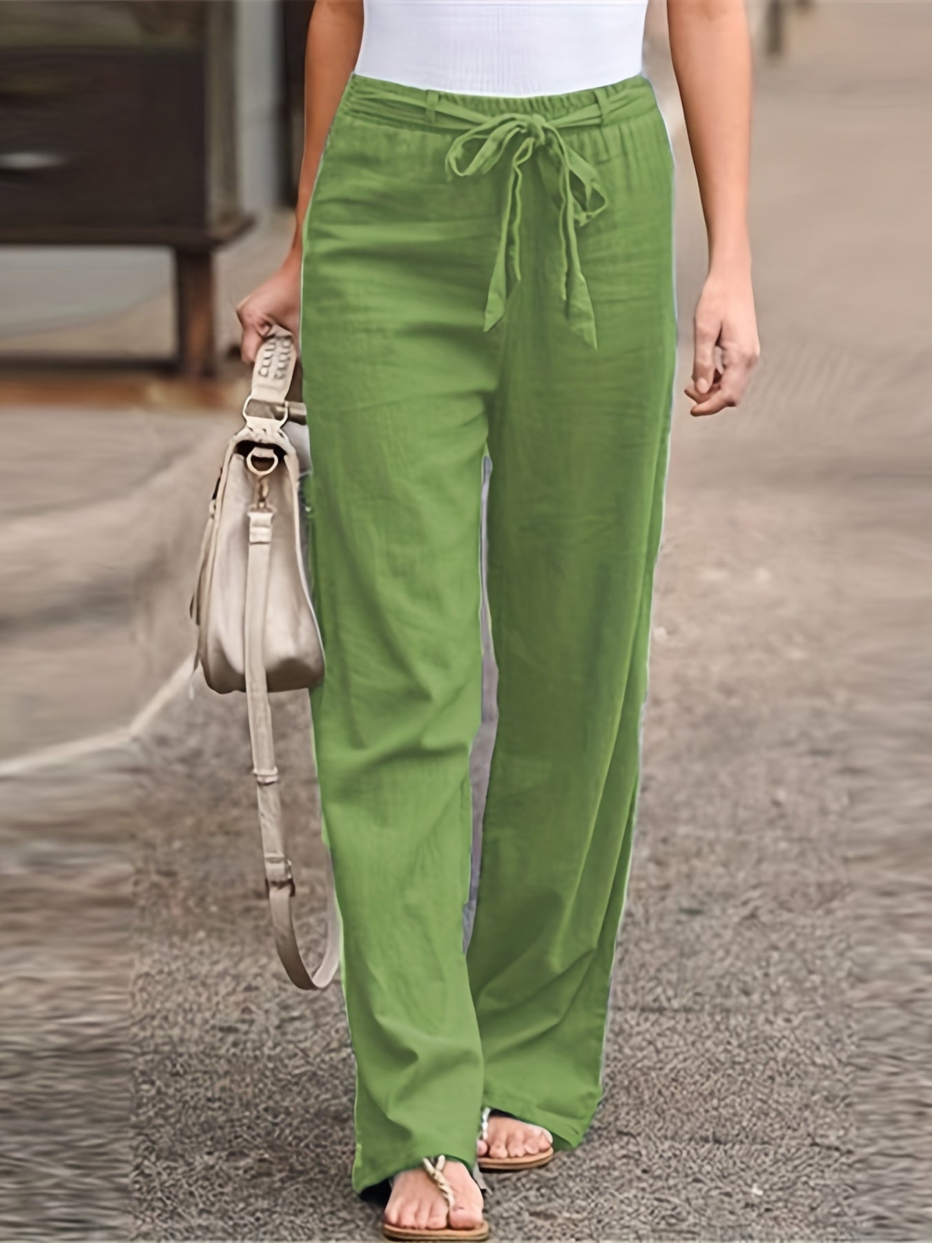Antmvs Solid Tie Waist Pants, Casual High Waist Wide Leg Long Length Pants, Women's Clothing