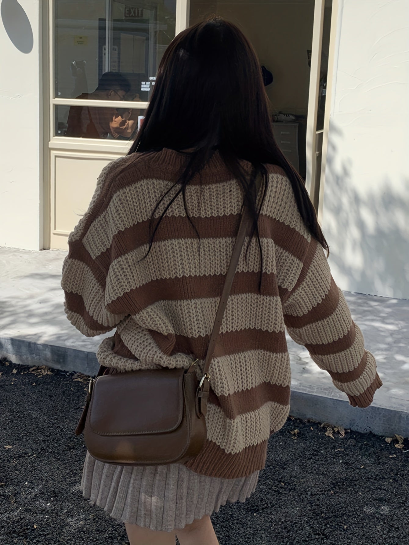 Antmvs Striped V Neck Pullover Sweater, Casual Long Sleeve Drop Shoulder Sweater, Women's Clothing