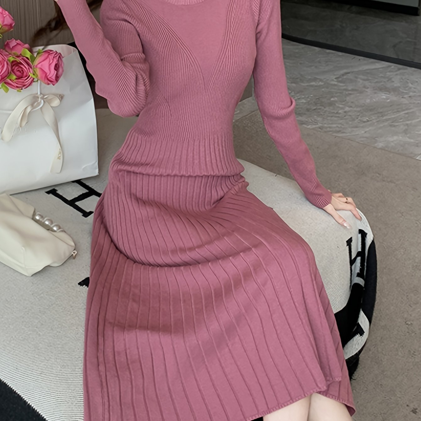 Antmvs Solid Color Long Sleeve Knit Dress, Chic Long Sleeve Crew Neck A-line Dress, Women's Clothing
