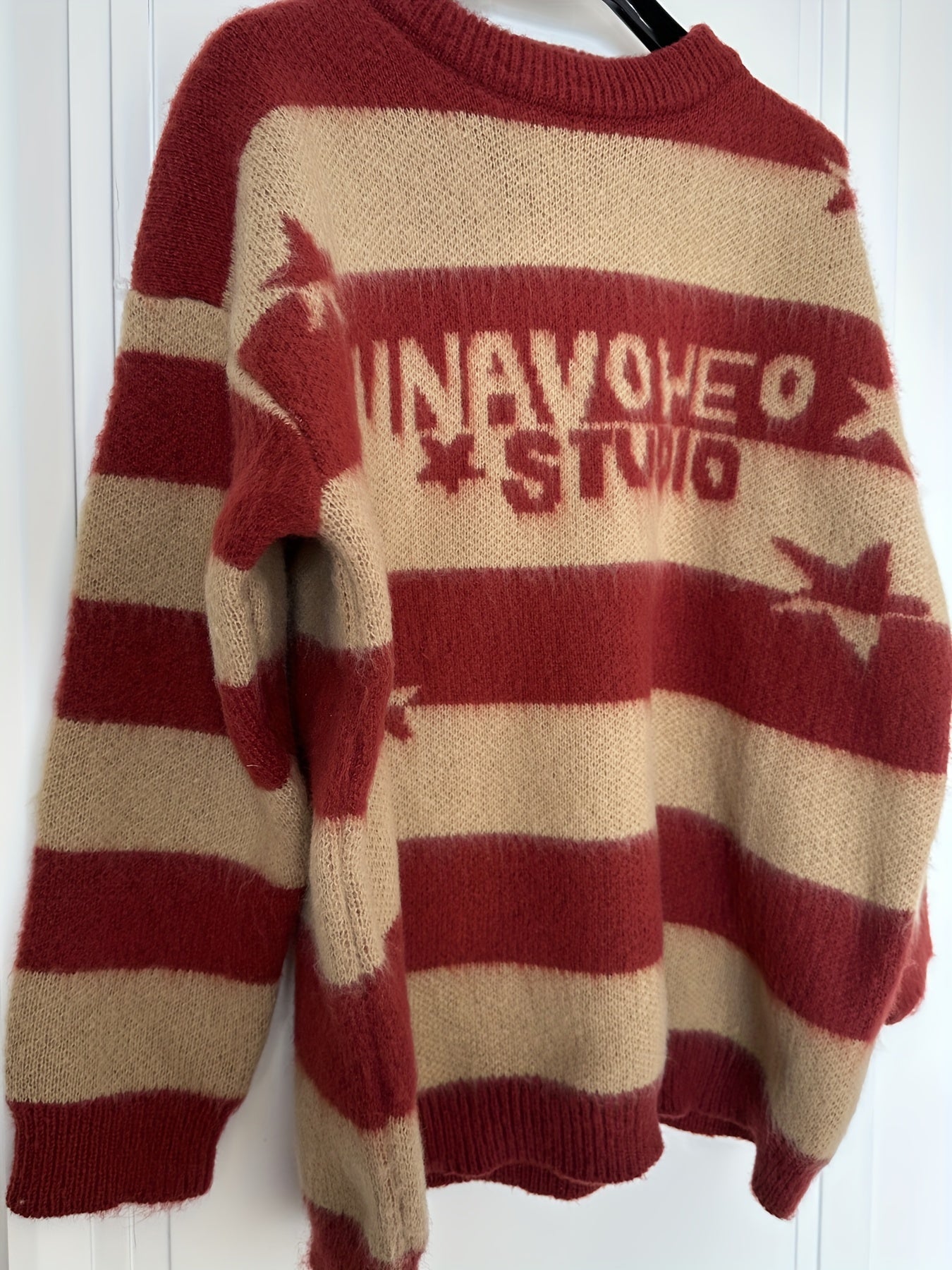 Antmvs Letter Pattern Striped Knit Sweater, Casual Long Sleeve Pullover Sweater, Women's Clothing