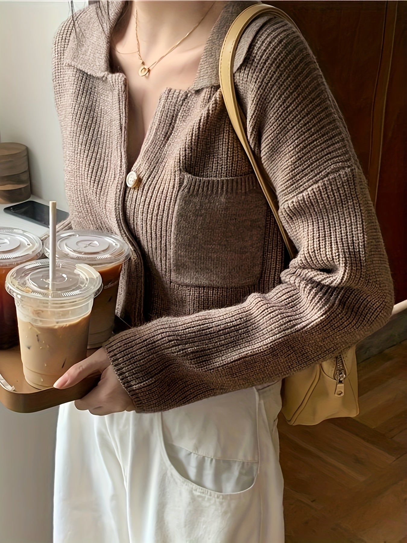 Antmvs Solid Turndown Collar Knit Cardigan, Vintage Button Front Long Sleeve Crop Sweater, Women's Clothing