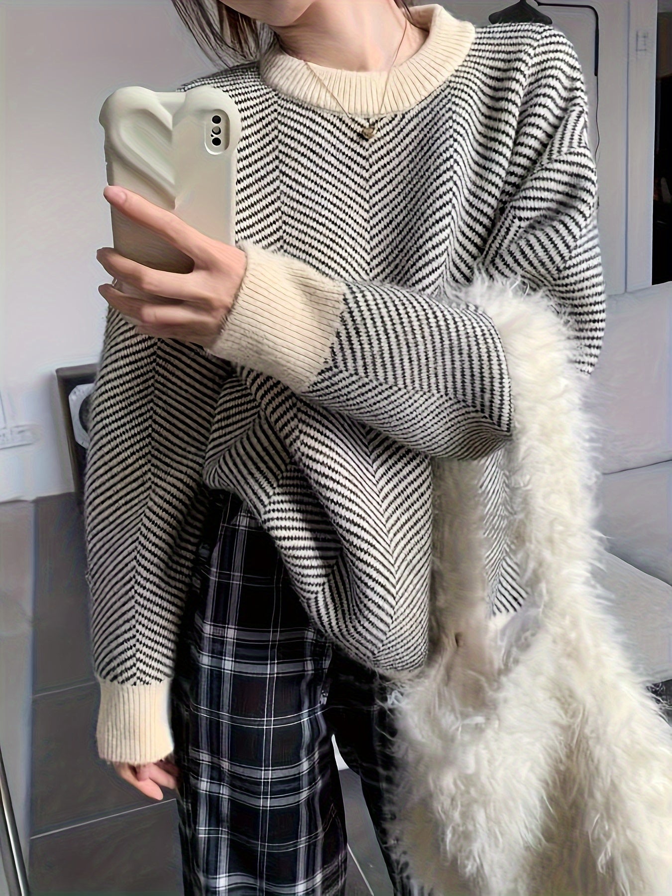 Antmvs Striped Crew Neck Pullover Sweater, Casual Long Sleeve Loose Sweater, Women's Clothing
