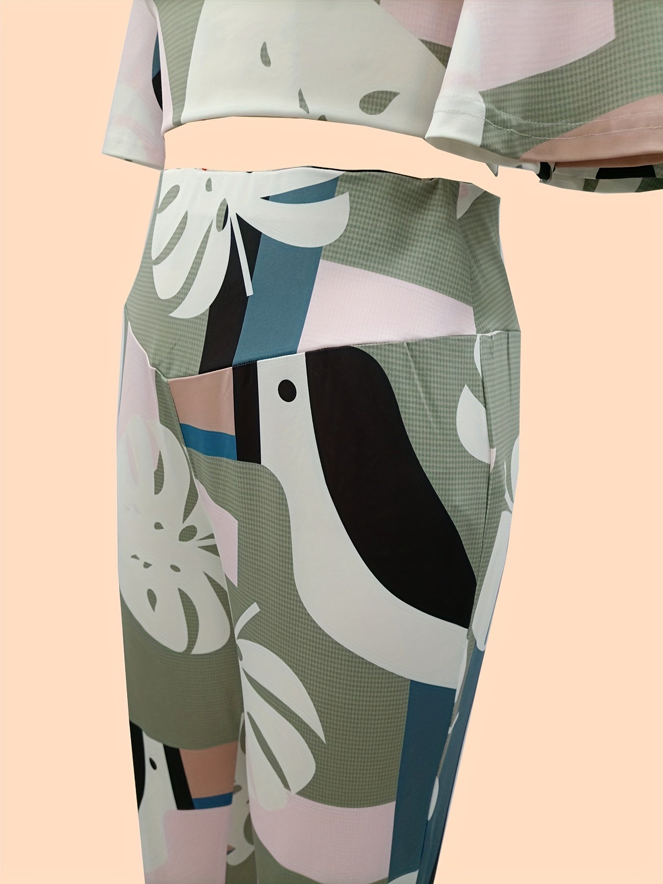Antmvs Leaf Print Casual Two-piece Set, Bell Sleeve Crop Top & High Waist Slim Pants Outfits, Women's Clothing