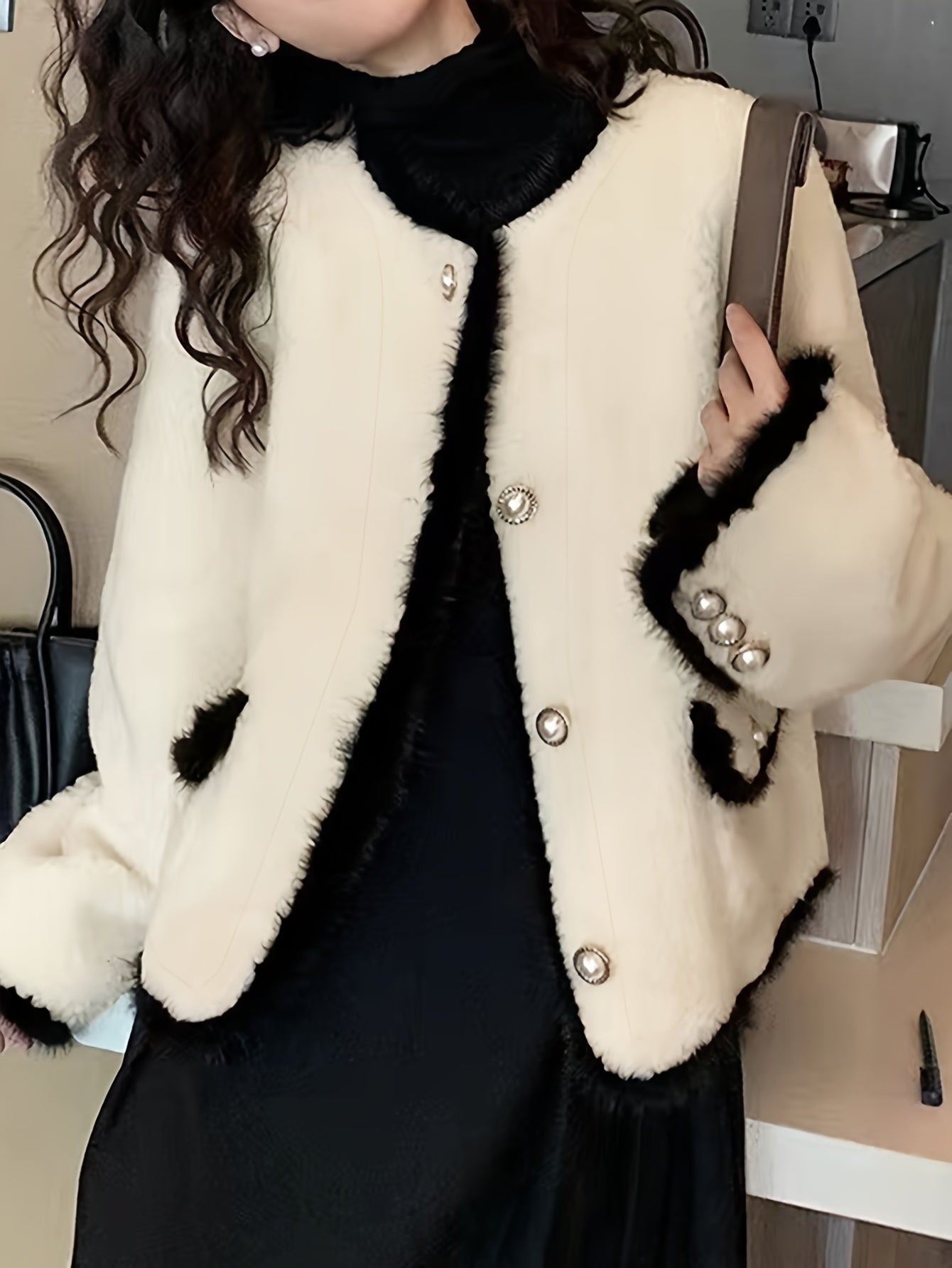 Antmvs Contrast Trim Open Front Outer Top, Elegant Flap Pockets Single Breasted Long Sleeve Coat For Fall & Winter, Women's Clothing