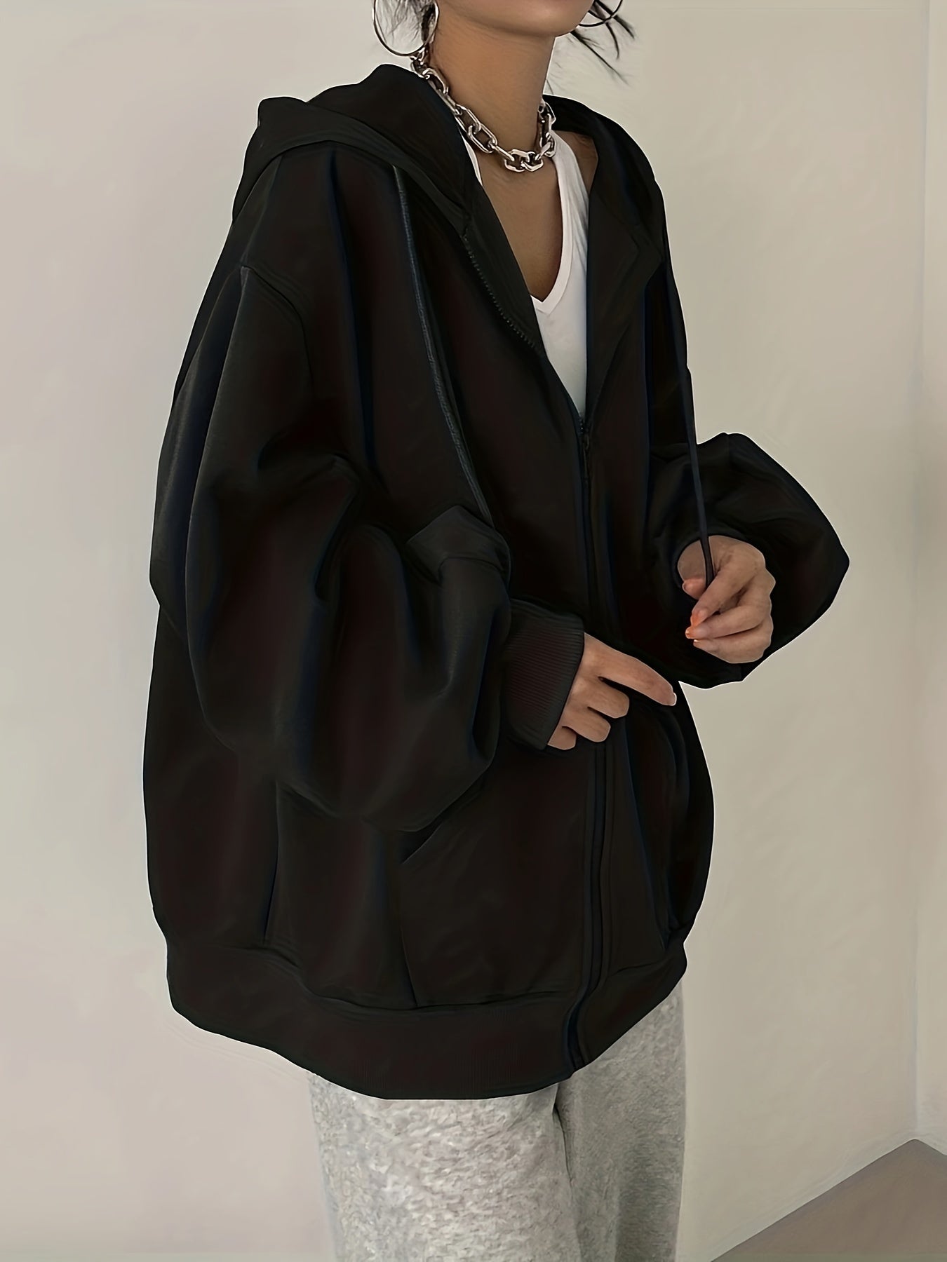 Antmvs Solid Zip Up Oversized Drawstring Hoodie, Casual Long Sleeve Pocket Hoodies Sweatshirt, Women's Clothing