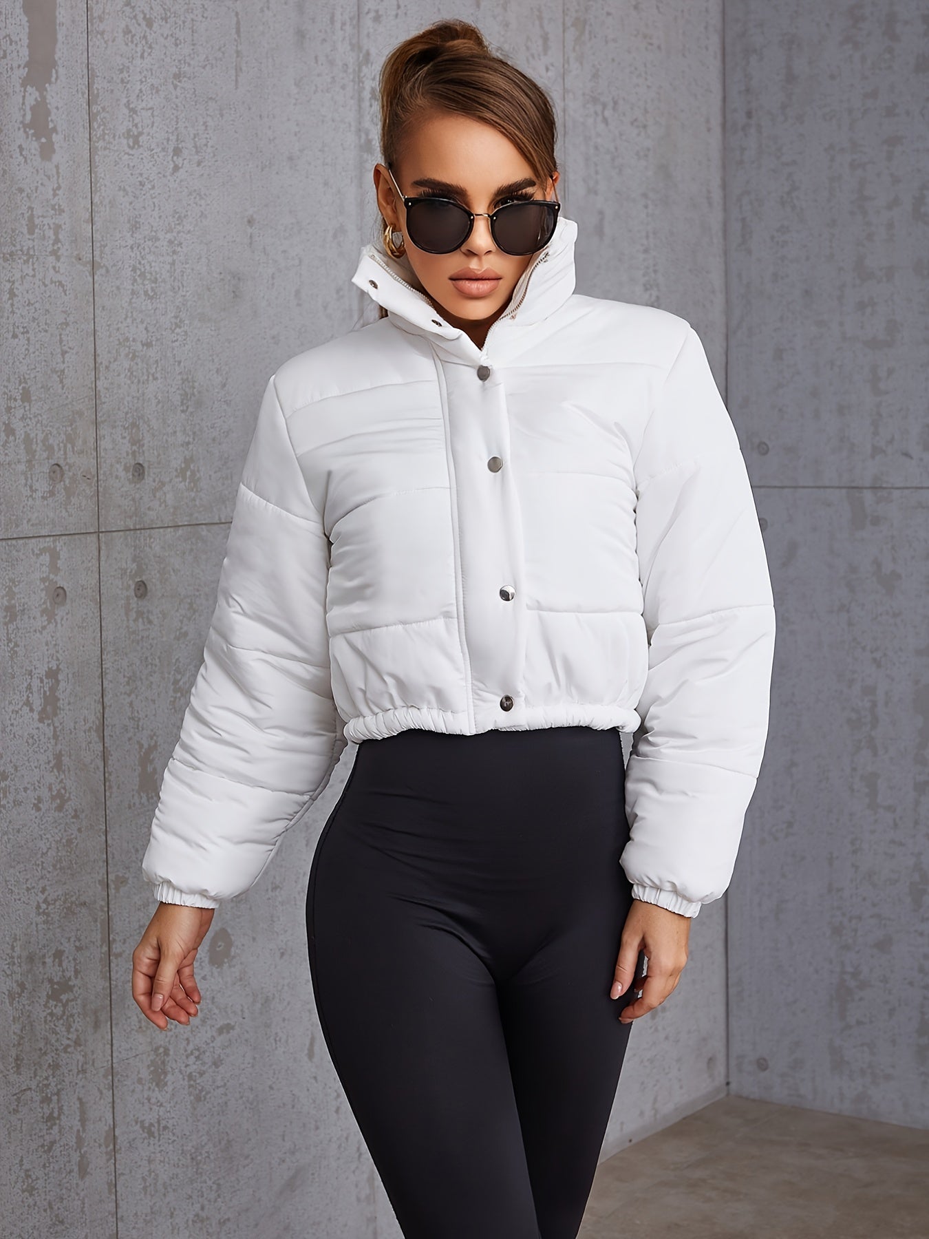 Antmvs Button Front Zip Up Padded Coat, Casual Winter Warm Long Sleeve Outerwear, Women's Clothing