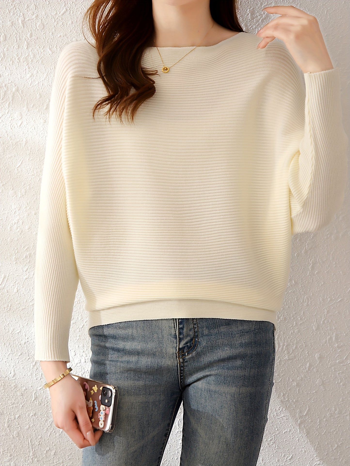 Antmvs Solid Batwing Sleeve Knit Sweater, Casual Boat Neck Sweater For Spring & Fall, Women's Clothing
