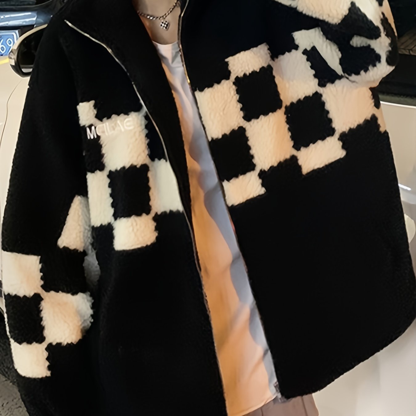 Antmvs Women's Checkered Print Oversized Plush Coat, Casual Winter Jacket For Outdoors, Women's Clothing