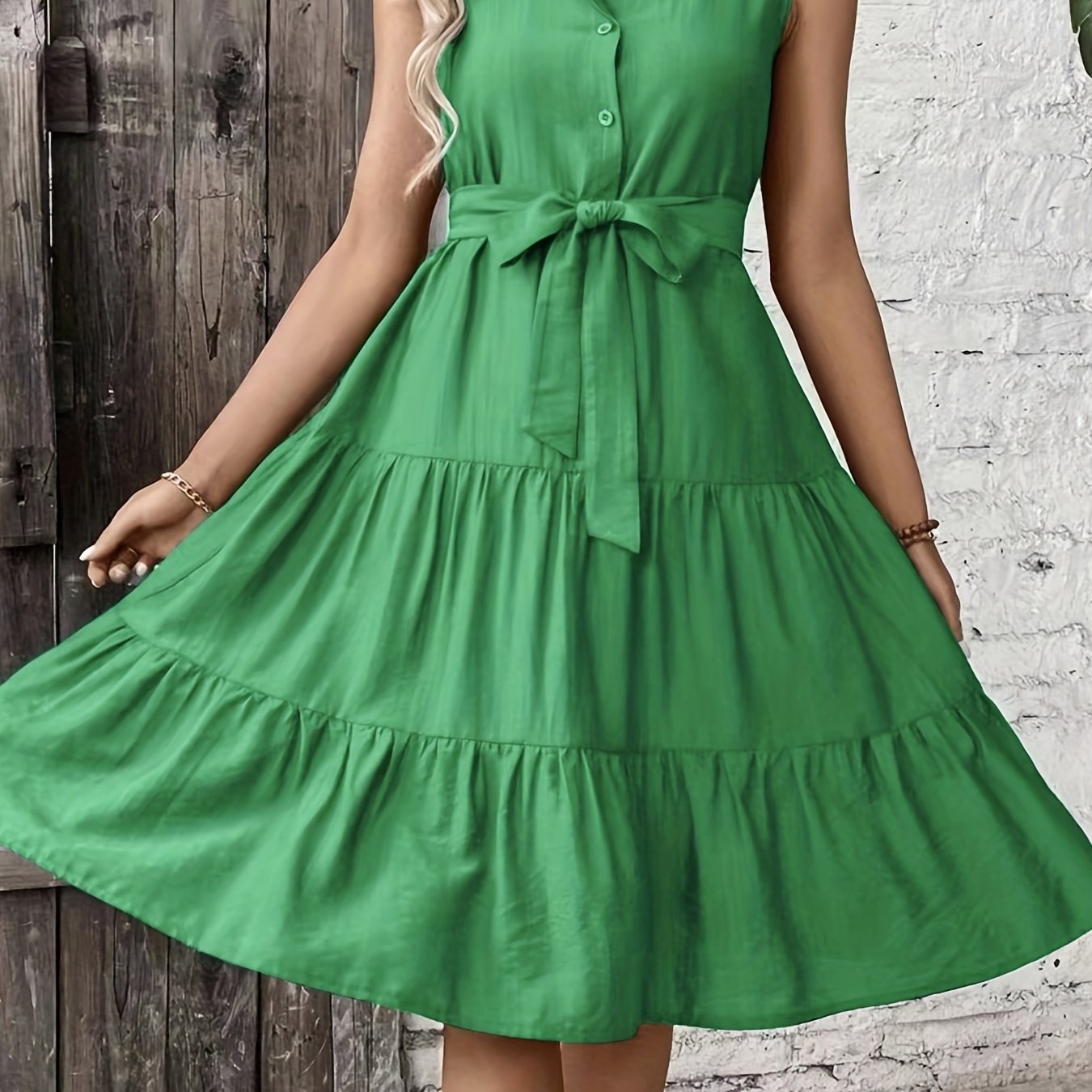 Antmvs Button Front Tiered Dress, Elegant Solid Sleeveless Dress, Women's Clothing