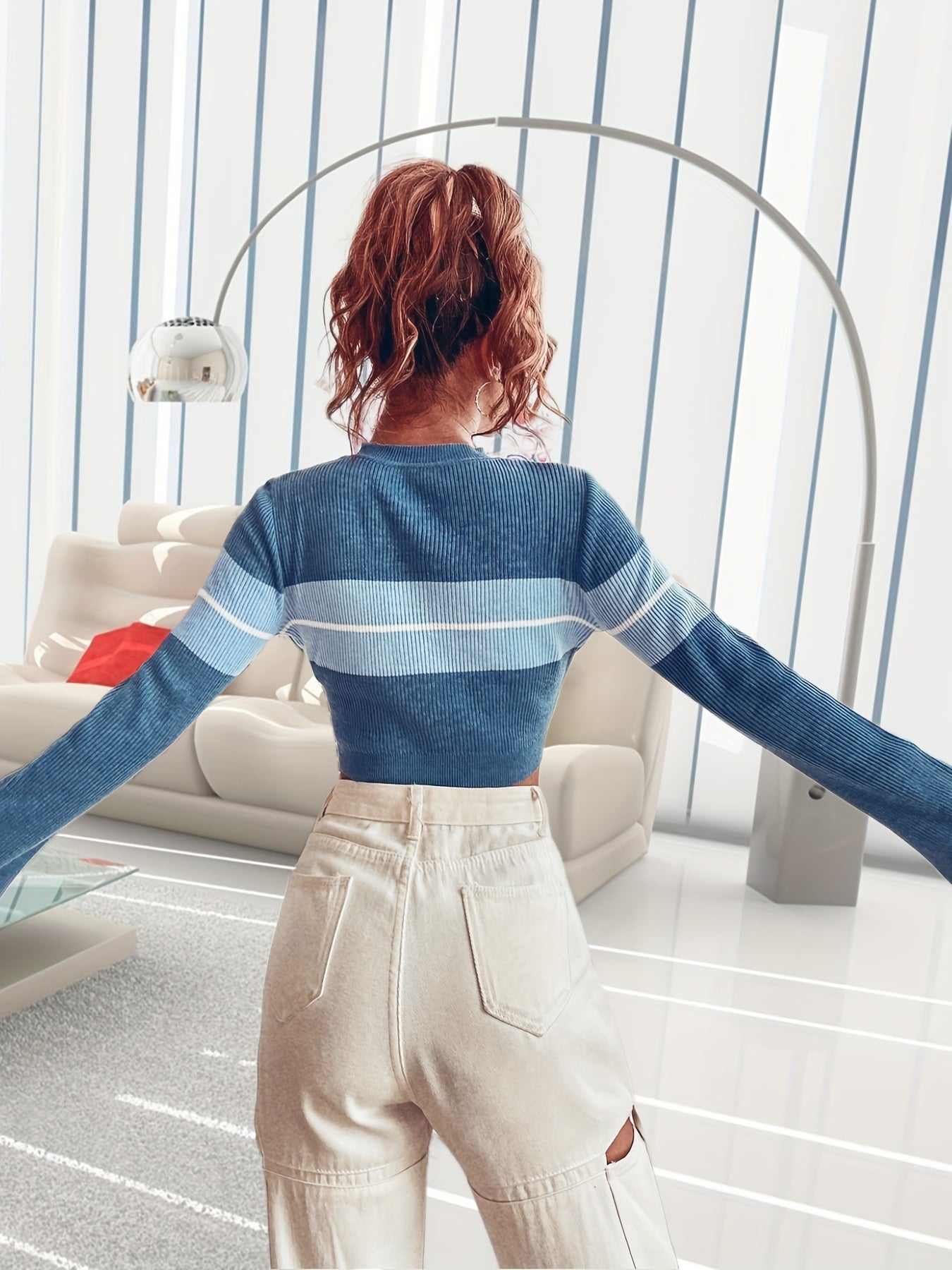 Antmvs Color Block Slim Crop Sweater, Casual Bell Sleeve Sweater For Spring & Fall, Women's Clothing