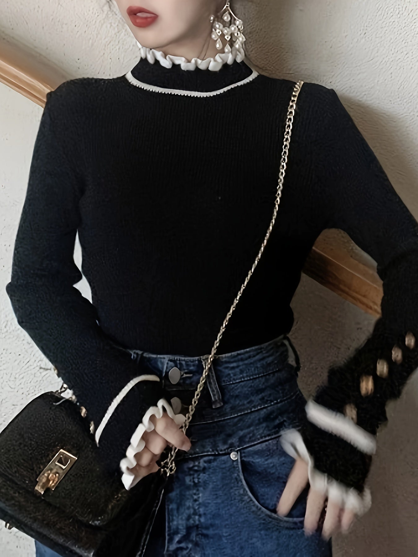 Antmvs Lettuce Trim Turtle Neck Pullover Sweater, Elegant Button Long Sleeve Slim Sweater, Women's Clothing
