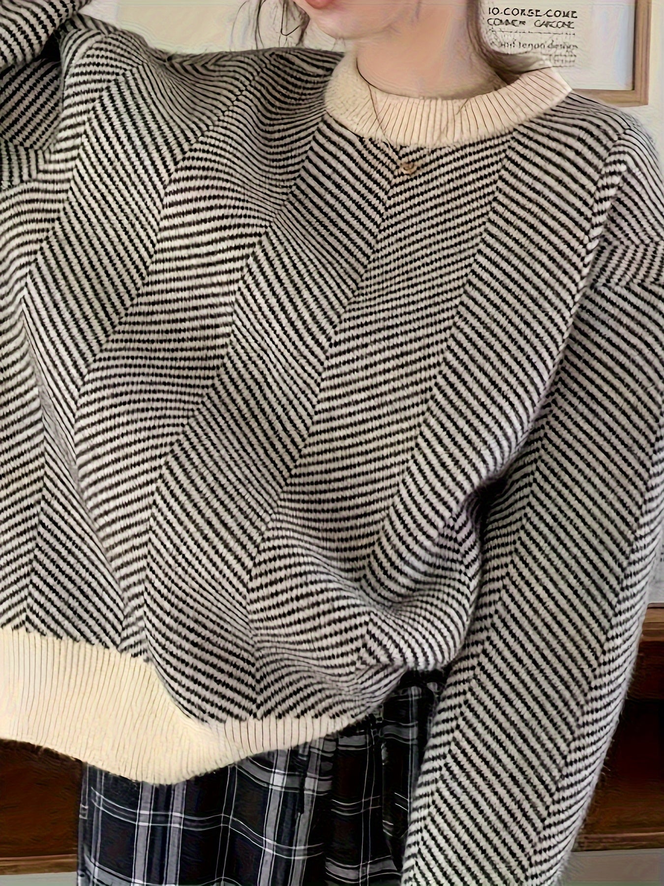 Antmvs Striped Crew Neck Pullover Sweater, Casual Long Sleeve Loose Sweater, Women's Clothing