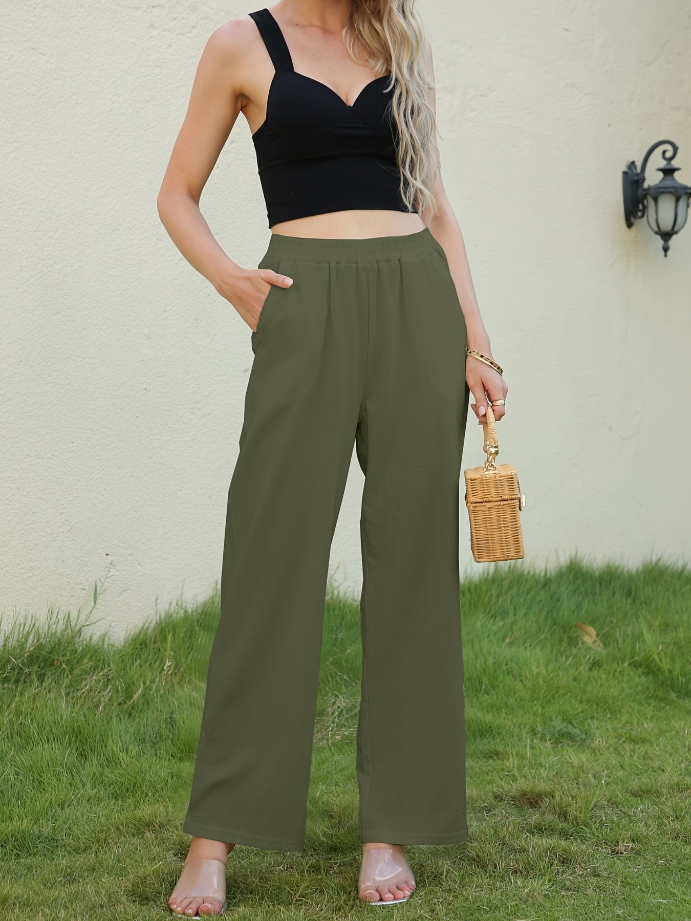 Antmvs Solid Wide Leg Elastic Waist Pants, Casual Dual Pockets Loose Pants, Women's Clothing