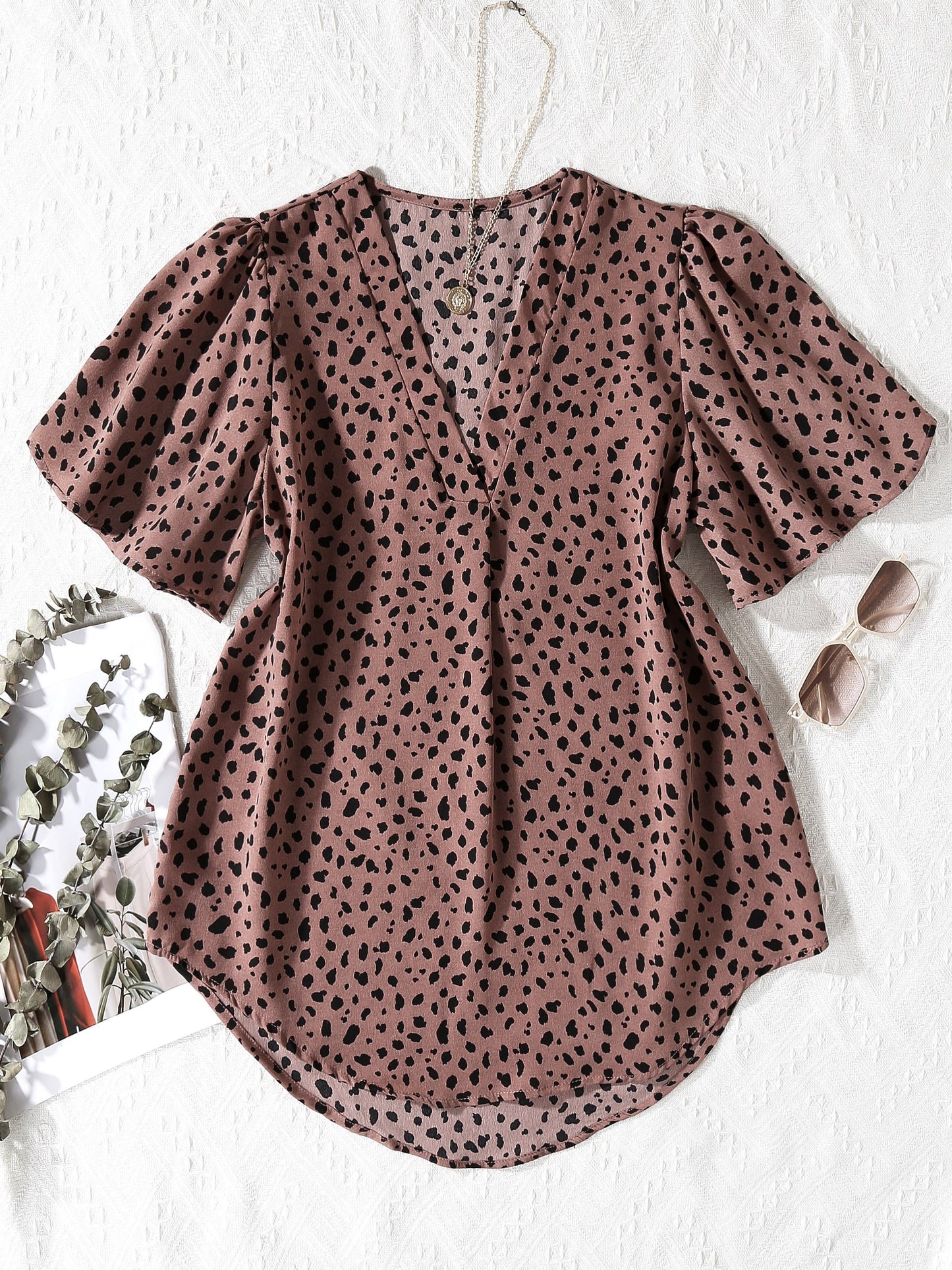 Antmvs Dalmatian Print V Neck Blouse, Elegant Short Sleeve Blouse For Spring & Summer, Women's Clothing