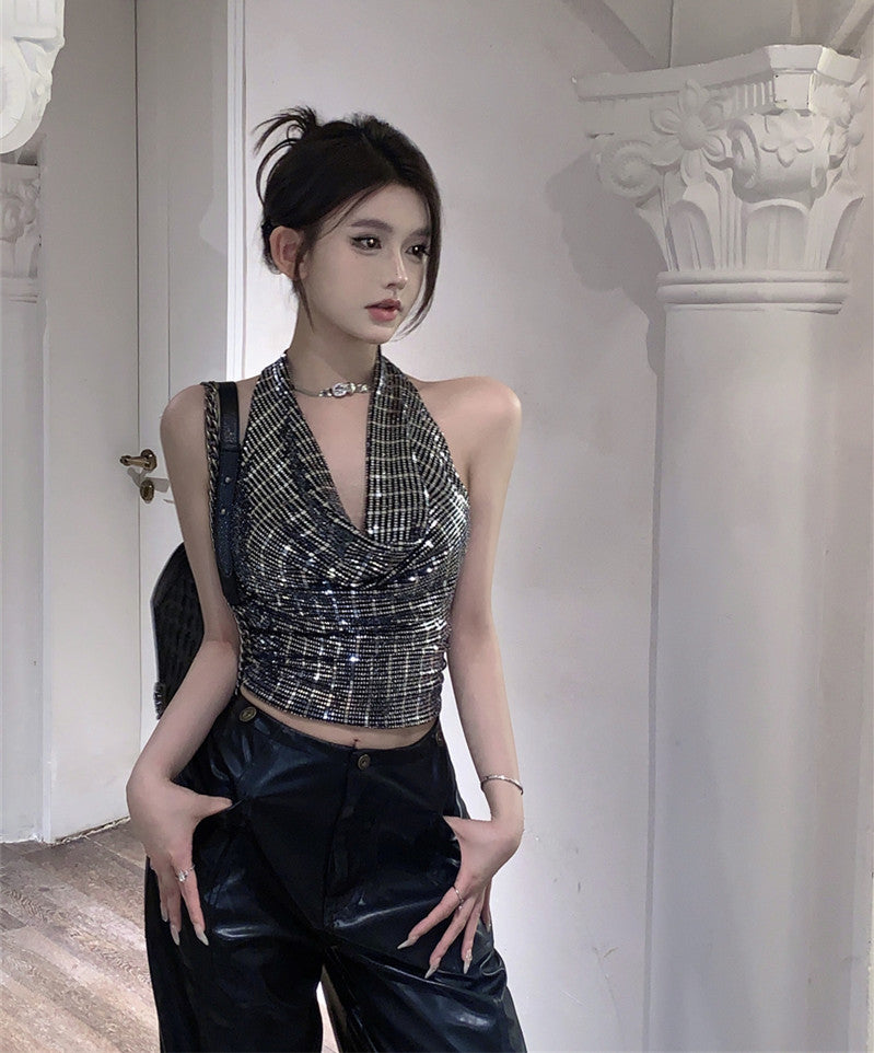 Antmvs Pamela Black & Silver Sequin Halter Neck Shiny Cropped Top