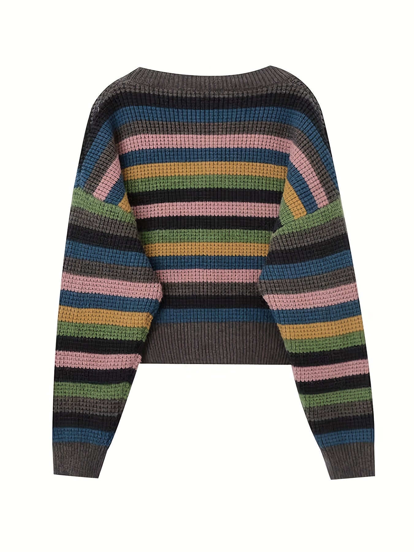 Antmvs Striped Button Down Knit Cardigan, Vintage V Neck Long Sleeve Sweater, Women's Clothing