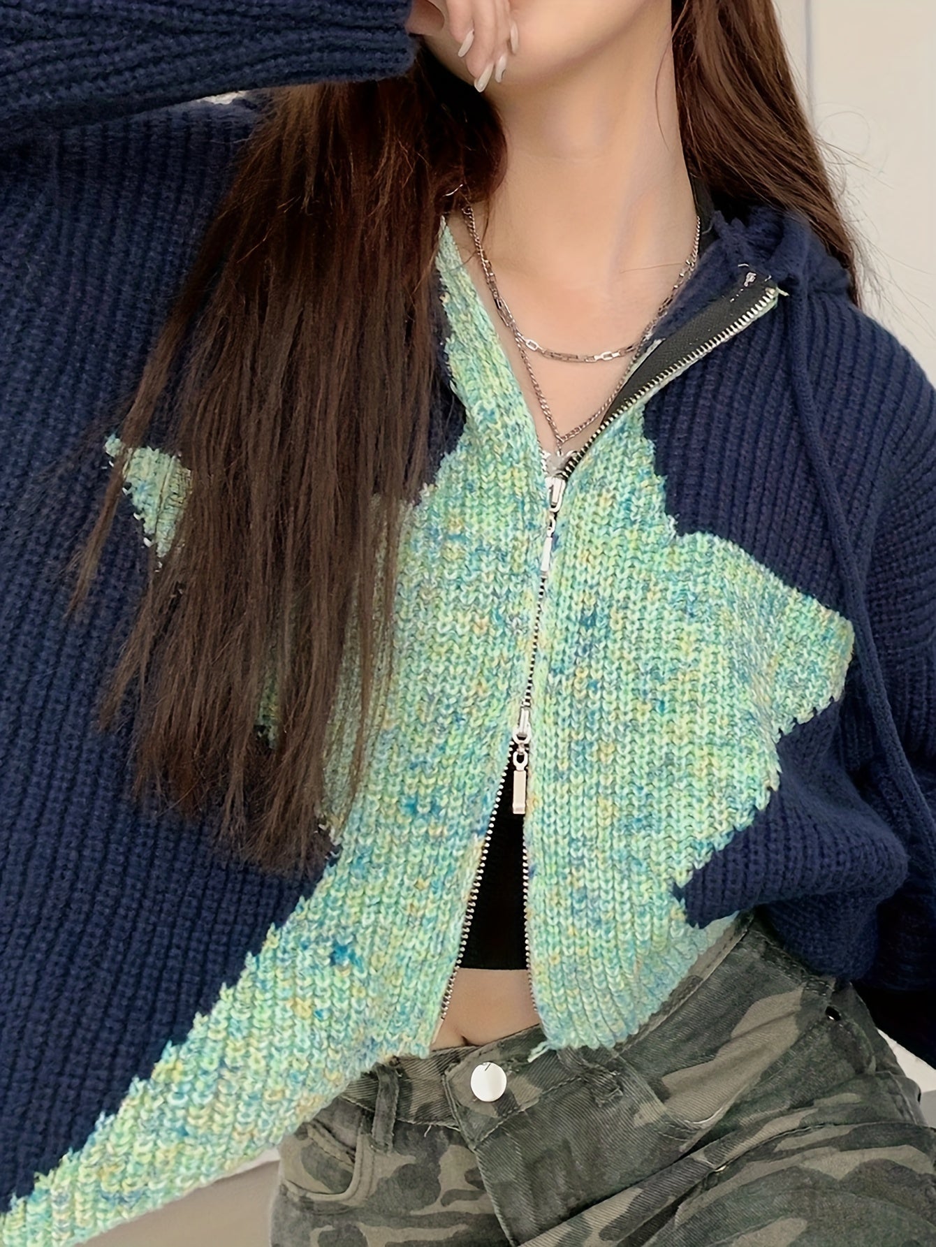 Antmvs Star Pattern Knit Drawstring Hooded Sweater, Casual Zip Up Long Sleeve Loose Sweater, Women's Clothing