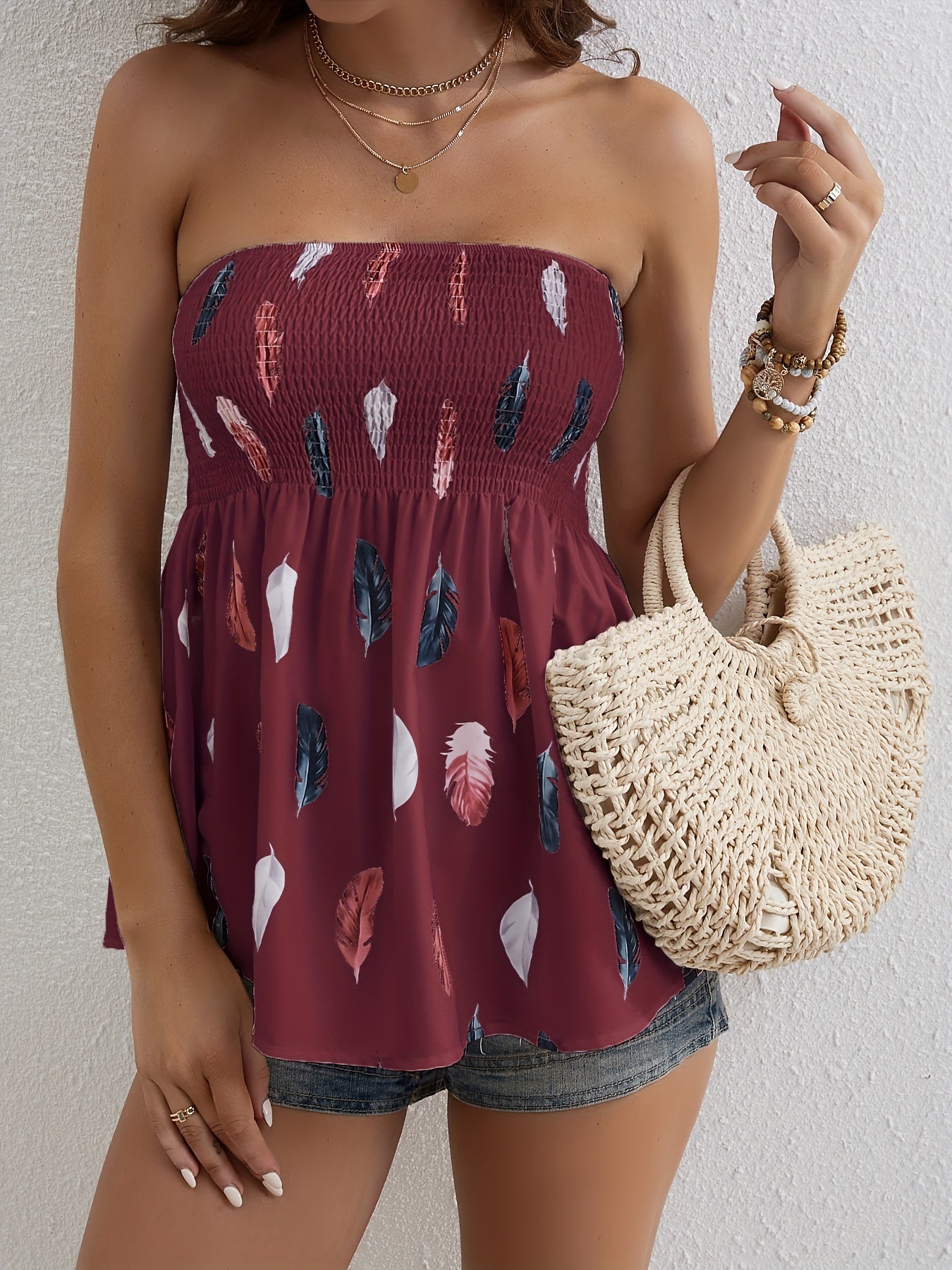 Antmvs Feather Print Shirred Flared Tube Top, Resort Wear Sleeveless Top For Summer, Women's Clothing