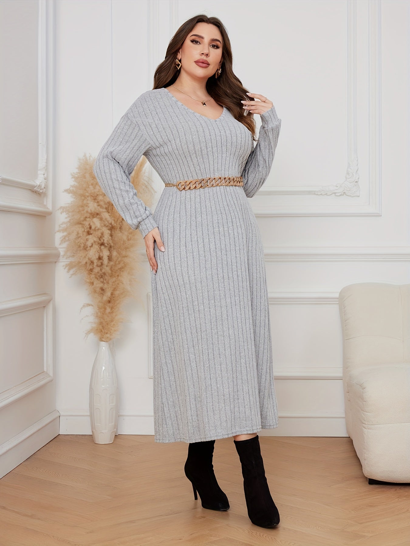 Antmvs Plus Size Casual Dress, Women's Plus Solid Ribbed Drop Shoulder Long Sleeve V Neck Midi Dress
