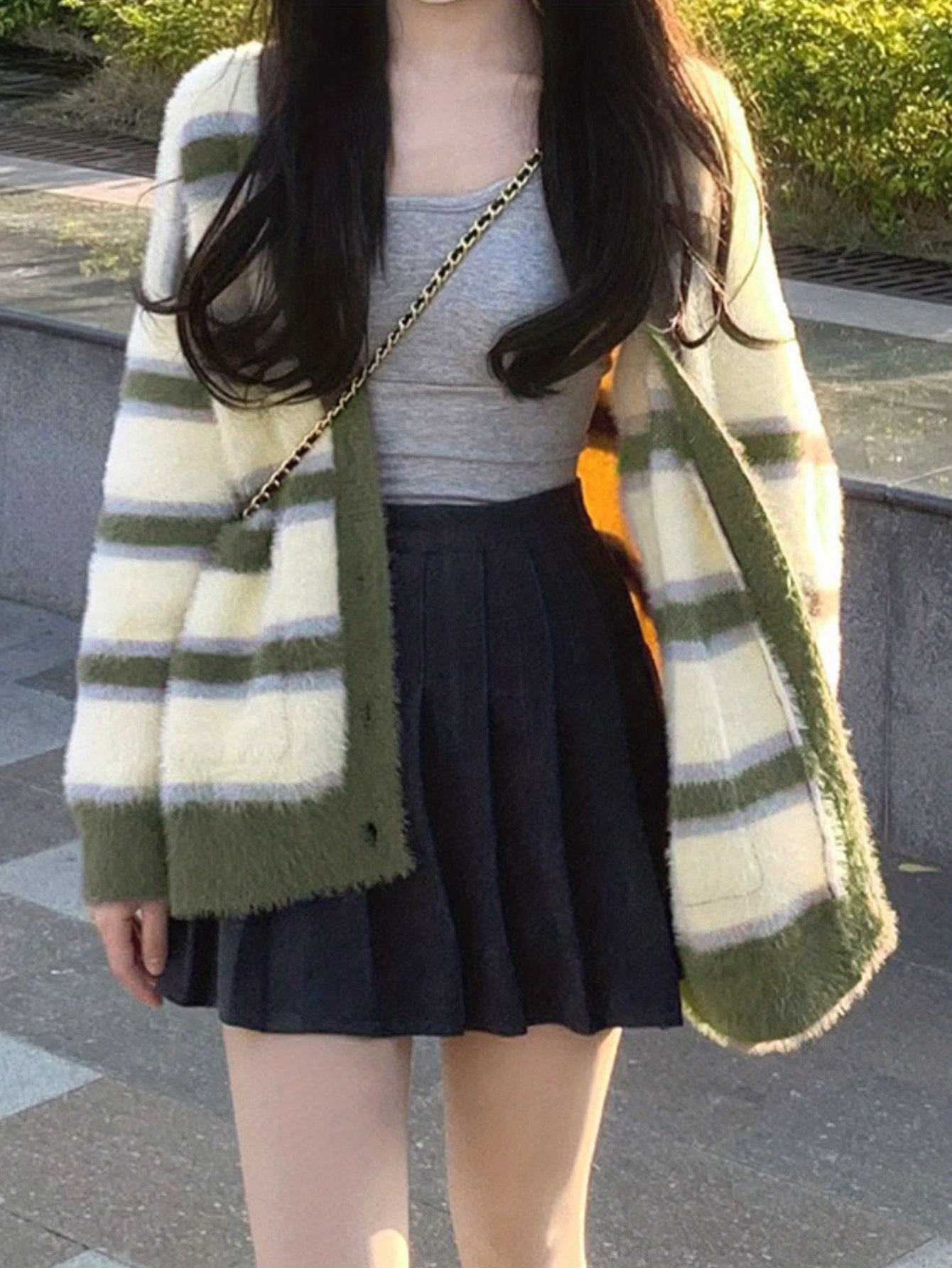 Antmvs Striped Button Down Knit Cardigan, Cute Long Sleeve Loose Sweater With Pocket, Women's Clothing
