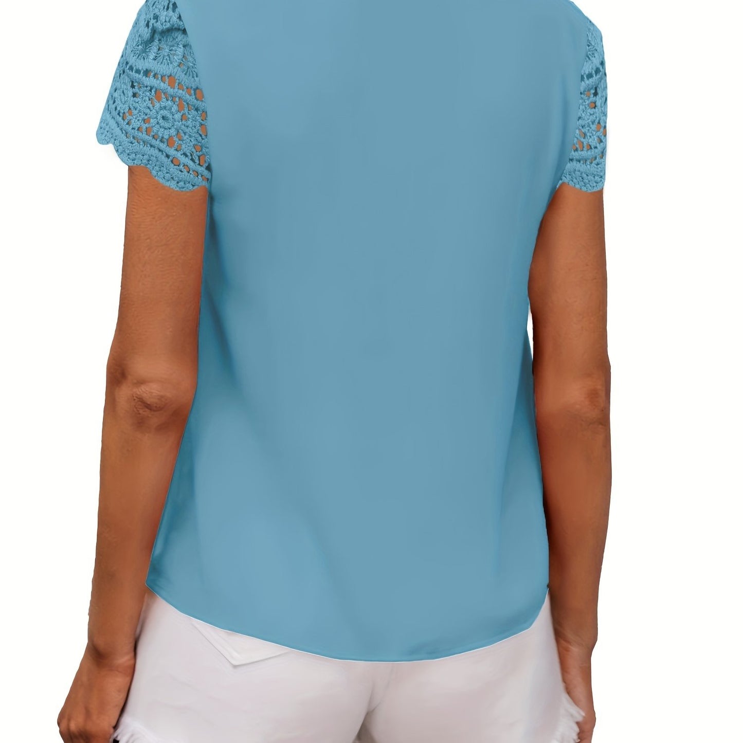 Antmvs Casual Solid Crew Neck Blouses, Sexy Chiffon Lace Short Sleeve Fashion Loose Slim Fit Tops, Women's Clothing