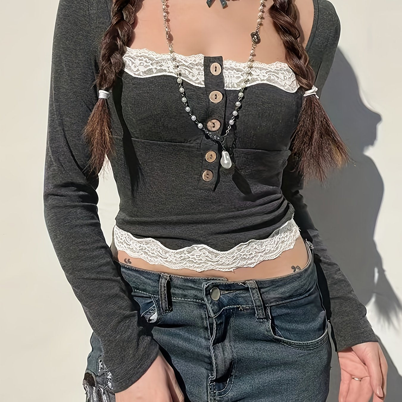 Antmvs Contrast Lace Button Front Square Neck T-Shirt, Y2K Long Sleeve Top For Spring & Fall, Women's Clothing