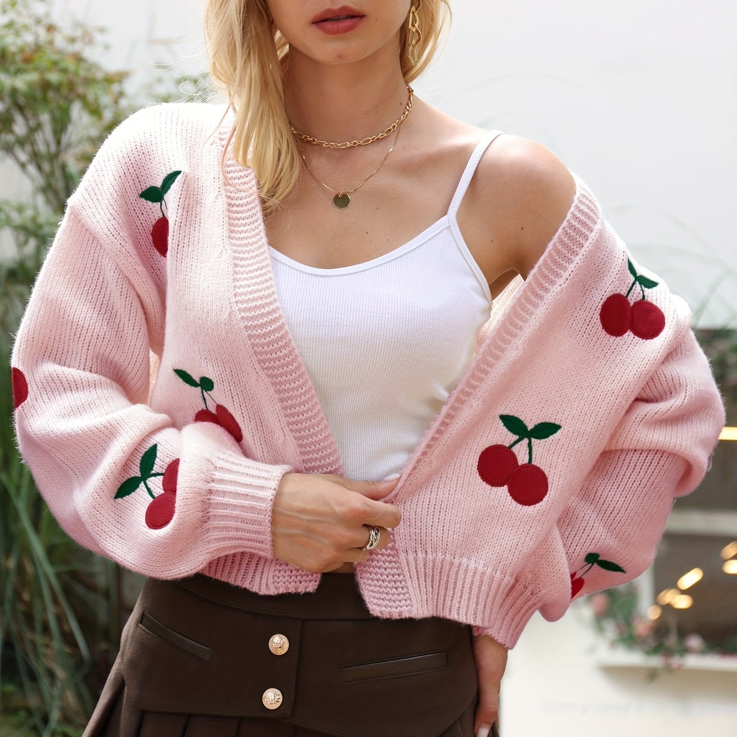 Antmvs Cherry Embroidered Knit Cardigan, Casual Open Front Long Sleeve Sweater, Women's Clothing