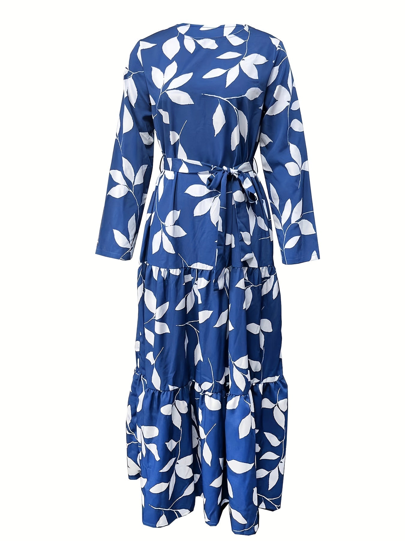 Antmvs Leaf Print Crew Neck Dress, Elegant Long Sleeve Belted Maxi Dress, Women's Clothing