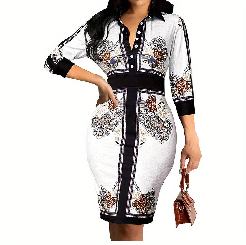 Antmvs Color Block Mandala Print Lapel Dress, Elegant Button Front Three-quarter Sleeve Dress, Women's Clothing