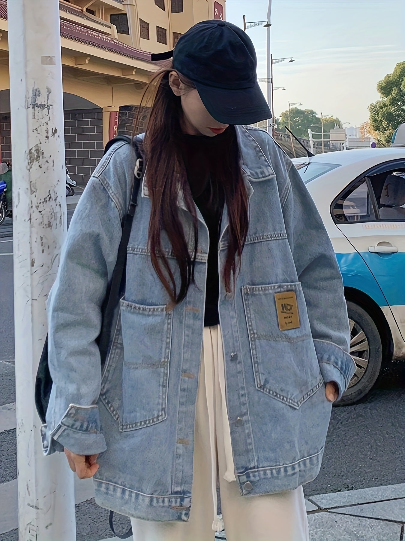 Antmvs Blue Loose Fit Lapel Denim Coat, Long Sleeves Single Breasted Button Denim Jacket, Women's Denim Clothing