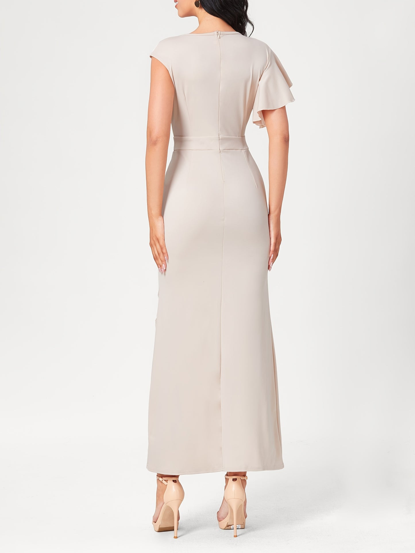 Antmvs Ruffle Trim Split Asymmetrical Dress, Elegant Solid Bodycon Party Dress, Women's Clothing