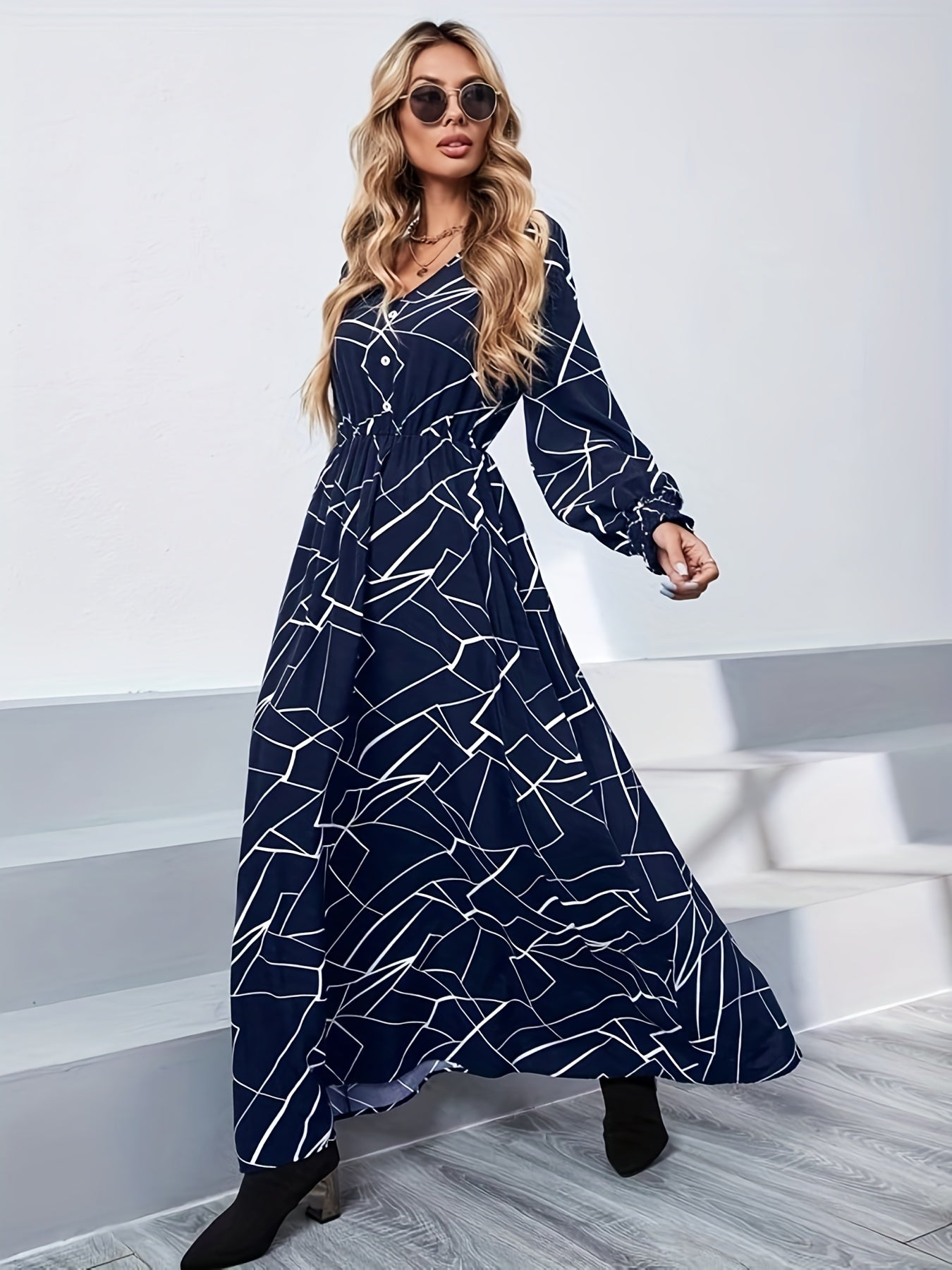Antmvs Geo Print Maxi Dress, Elegant V Neck Long Sleeve Dress, Women's Clothing